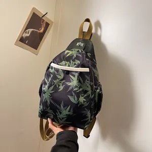 New Chinese style black backpack with green bamboo leaf patterns and large capacity