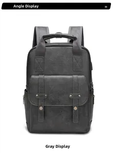 Front view of charcoal grey PU leather backpack showing vintage metal buckles and texture
