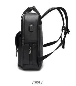 Side view of black PU leather backpack with USB charging port and zipper pocket detail