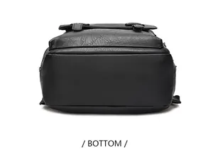 Bottom view of black PU leather backpack showing clean stitching and smooth base
