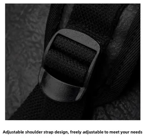 Detail of adjustable nylon shoulder strap with plastic buckle and breathable mesh fabric