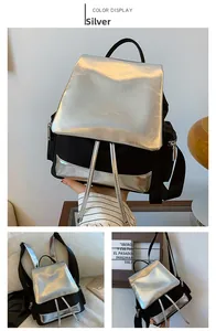 Detail of silver metallic textured flap and drawstring closure on large backpack