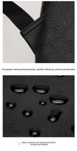 Detail of reinforced triangle stitching and waterproof fabric on black PU backpack