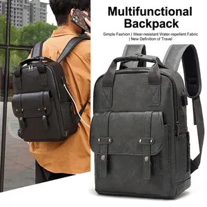 Versatile black PU leather men's backpack with dual front pockets and USB charging port