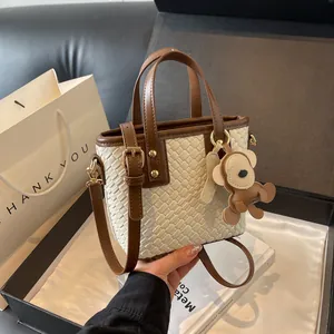 Women Woven Texture Tote Bag PU Leather Handbag With Cartoon Bear Charm Adjustable Shoulder Strap Crossbody Bag Casual Daily Satchel