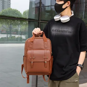 Retro brown PU leather backpack for men with large main compartment and front flap pocket