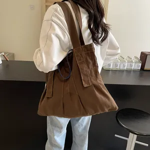 Large Capacity Canvas Tote Bag Pleated Accordion Design Contrast Denim Handle Shoulder Bag For Women Japanese Style Daily Bag