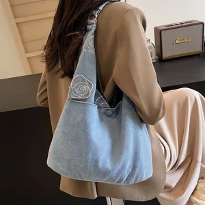 Women Denim Rose Embroidered Tote Bag Large Capacity Casual Shoulder Bag For School Commute Vintage Floral Denim Bag
