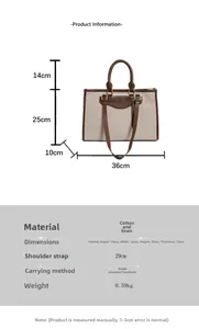 Detailed dimension guide for large linen tote bag with brown leather trim and shoulder strap