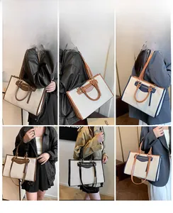 Collage of canvas tote bag colors showing leather handles and large capacity detail