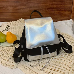 Women Fashion Contrast Color PU Leather Backpack Large Capacity Metallic Silver Black Casual Travel Rucksack College Students