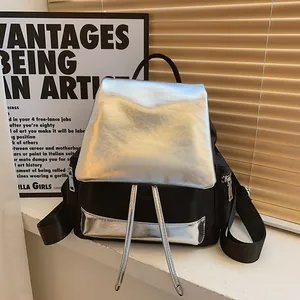 Contrast color large capacity nylon backpack for women with silver metallic accents