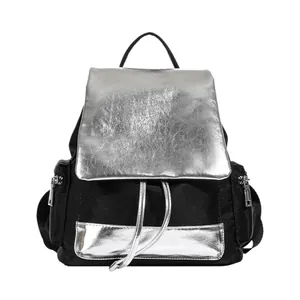 Large contrast color backpack for women in black and metallic silver with drawstring