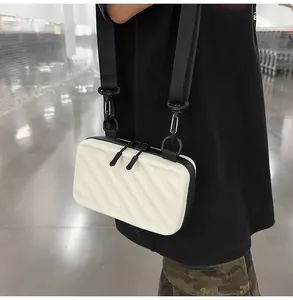 Close-up of a white hardshell mini crossbody bag with stripe texture and black strap