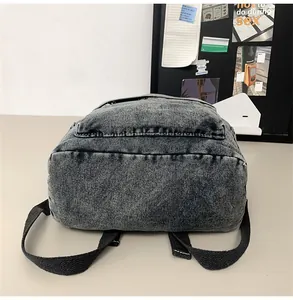 Détail de la texture en denim lavé vintage sur un sac à dos gris décontracté