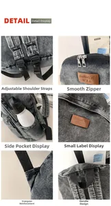 Detail of durable denim backpack with adjustable straps, double zippers and side pockets