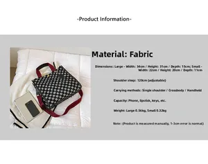 Size comparison of checkered denim tote bag showing dimensions for large and small models