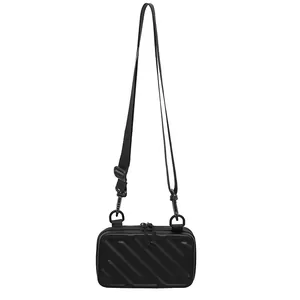 Black striped hard shell crossbody square bag with adjustable shoulder strap