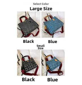 Comparison of large and small checkered tote bags in black and blue denim woven style