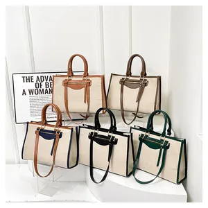 Women Fashion Canvas Synthetic Leather Contrast Color Tote Bag Large Capacity Commuter Shoulder Bag With Front Zip Pocket