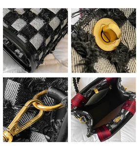 Detail of tweed checkered tote with vintage gold hardware and fringe edges