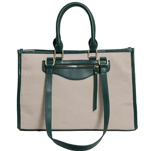 Retro linen tote bag with contrast green leather trim and adjustable shoulder strap
