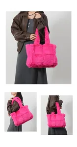 Detail of bright pink faux fur tote bag with large square patchwork design and thick handles