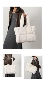 Detailed views of a large white plush tote bag with a quilted square pattern and soft texture