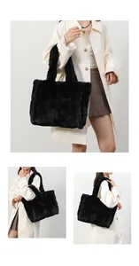 Detail shot of the plush black faux fur tote bag showing soft texture and large capacity