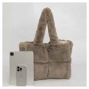 Macro view of khaki plush tote bag featuring quilted texture and soft fabric lining