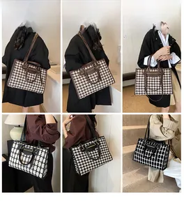 Detailed views of high-capacity houndstooth tote bag worn by a model in various styles