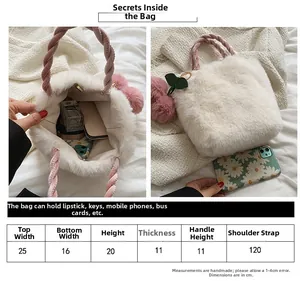 Size chart for white plush tote bag showing detailed dimensions and storage capacity