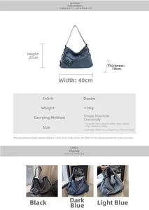 Detailed size chart for denim tote bags with large capacity and shoulder strap dimensions