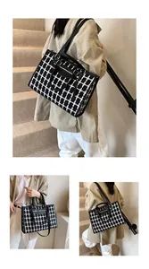 Detailed views of a tweed houndstooth tote bag featuring leather straps and golden hardware