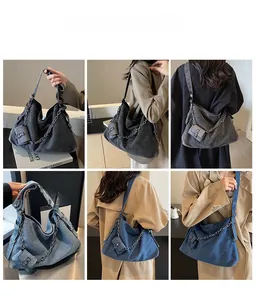 Detail shots of large denim tote bags in grey and blue with hanging pouch and chain