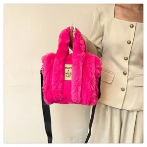Fuchsia faux fur tote bag with Have a Nice Day patch and adjustable black strap