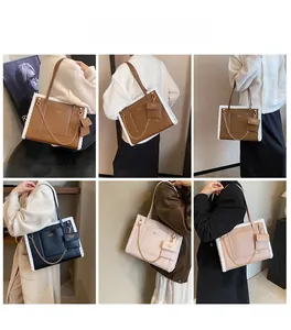Detail view of plush-trimmed tote bags in four colors with chains and mini pouches