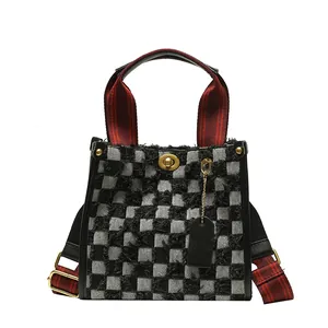 Large capacity denim checkered tote bag with woven handles and golden twist lock