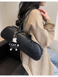 Retro PU Leather Baguette Shoulder Bag For Women Vintage Square Underarm Bag With Plush Pendant Embossed Letters Commuter Bag