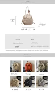 Detail showing dimension specs 31x31x10cm and multi-way carry options of the canvas bag