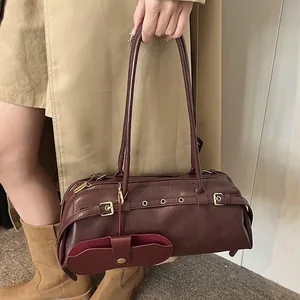 Retro burgundy boston shoulder bag with belt buckles and mini pouch attachment