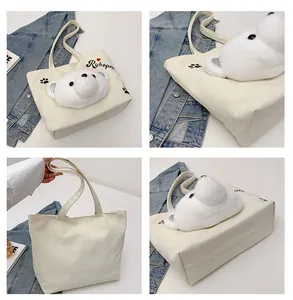 Detailed four-grid view showing sides and bottom of this cute white canvas bear tote bag