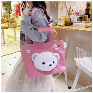 Detail of pink canvas tote bag featuring 3D plush bear head and cute cat paw prints