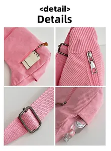 Pink corduroy crossbody bag details with metal zippers and adjustable strap pockets