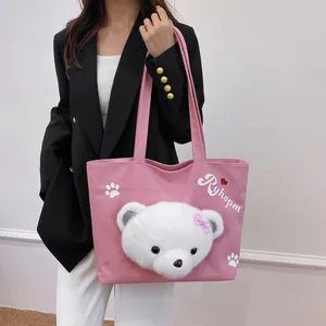 Pink canvas tote bag with 3D plush bear head and white graphic prints for women