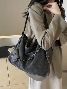 Washed Denim Hobo Bag For Women Large Capacity Shoulder Bag With Metal Chain And Detachable Mini Pouch Vintage Tote Bag