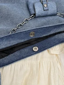 Retro blue denim tote bag with silver chain strap and large capacity casual design