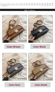 Collage of four rectangular flap crossbody bags in brown, black, grey, and khaki colors