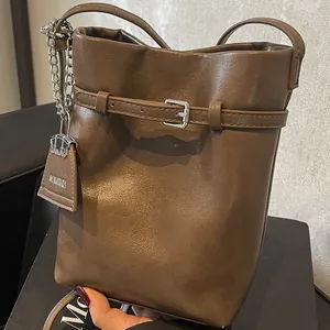 Women PU Leather Bucket Bag Vintage Urban Minimalist Shoulder Crossbody Bag With Magnetic Buckle And Adjustable Strap
