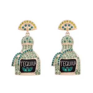 Fashion Alloy Rhinestone Tequila Bottle Dangle Earrings Creative Lime Slice Design Party Jewelry For Women Unique Earring